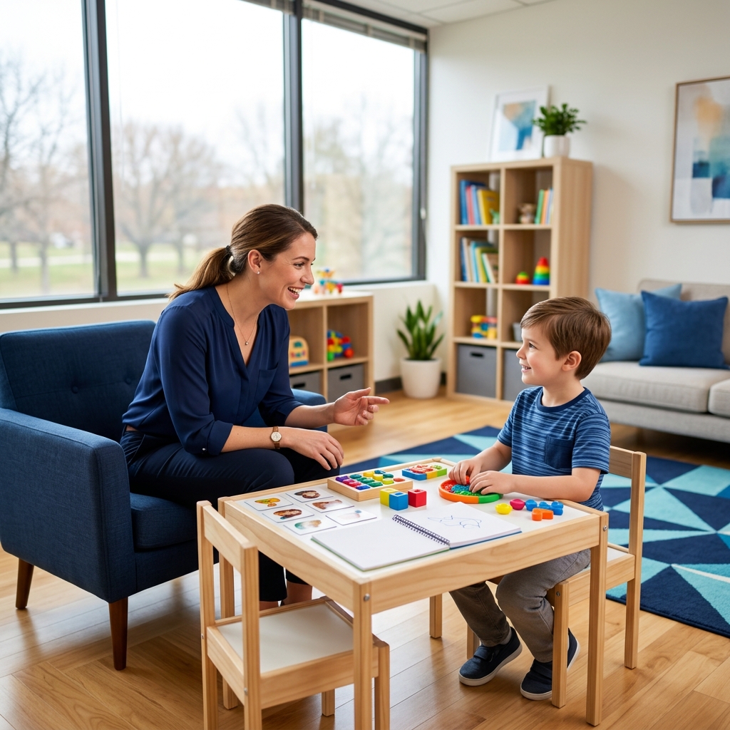 Caring behavior analyst speaking with a child with autism in a modern therapy office.